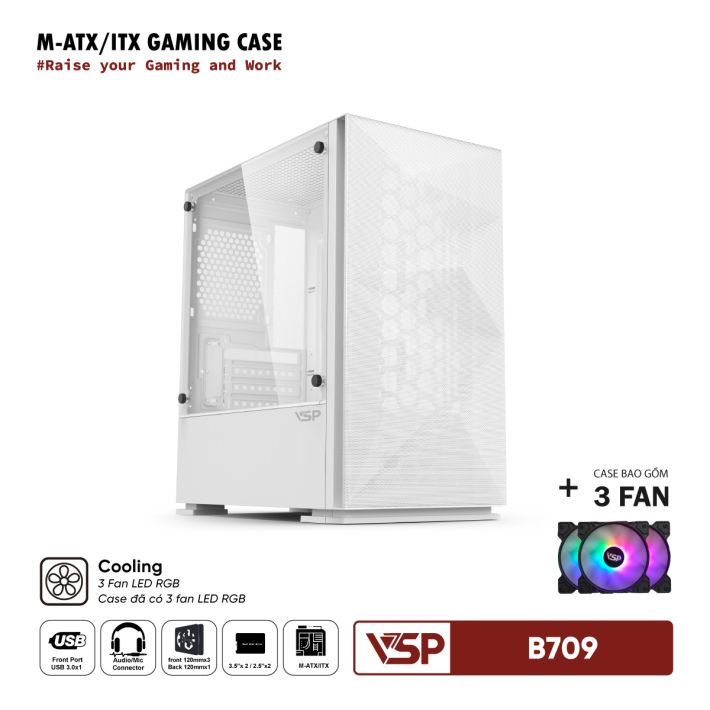 Vỏ Case Máy Tính VSP Gaming Mid Tower B709 - Trắng + 3 Fans Led