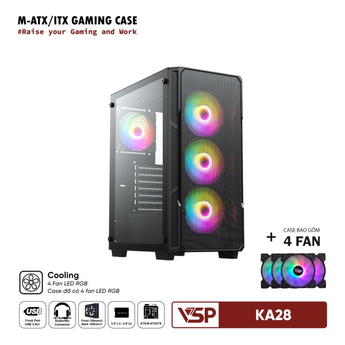 Vỏ Case Máy Tính VSP Gaming KA28 - Đen + 4fans Led