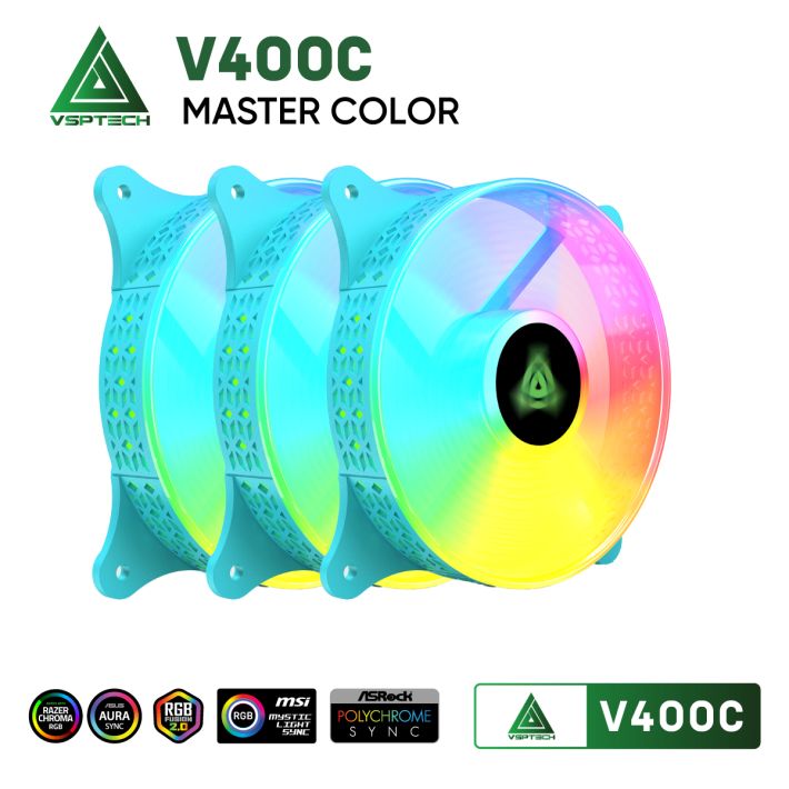 Combo quạt tản nhiệt + Hub  VSPTECH LED RGB V400C x3 fan - Xanh