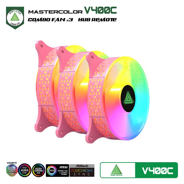 Combo quạt tản nhiệt + Hub  VSPTECH LED RGB V400C x3 fan - Hồng