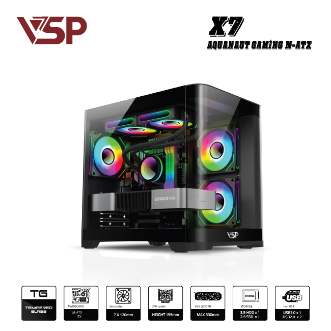 VỎ CASE MÁY TÍNH AQUANAUT PRO GAMING M-ATX X7 - ĐEN