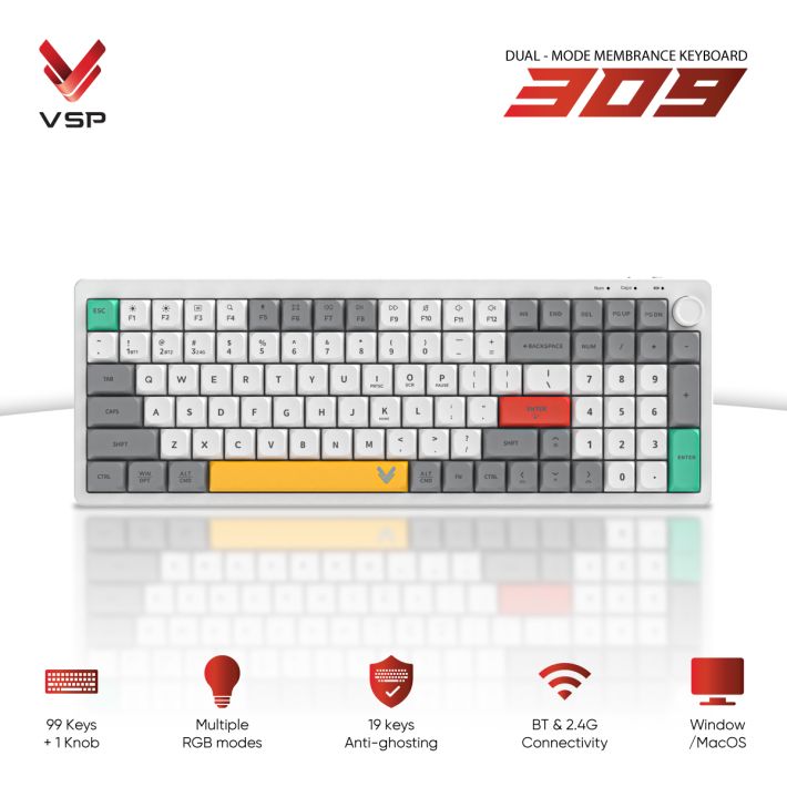 Bàn Phím Không Dây VSP 309 Dual Mode (Membrane / 99 Phím + Núm Xoay / Bluetooth & 2.4G / RGB)