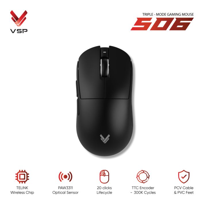 Chuột Gaming Không Dây 3 Chế Độ VSP 506 Black (PAW3311 / Huano 20M / Triple Mode)