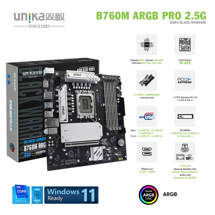 Mainboard UNIKA UN-B760M ARGB PRO 2.5G DDR4 Black Warrior