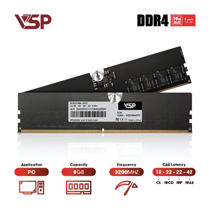 Bộ Nhớ RAM VSP 8GB DDR4 3200MHz (Mạch Đen / CL18 / 1.35V)
