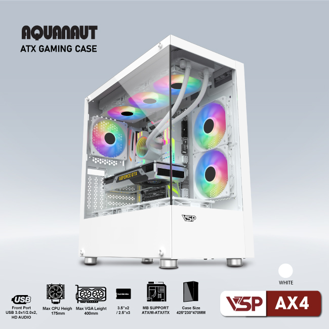Case gaming Aquanaut AX4 2 mặt kính - Trắng