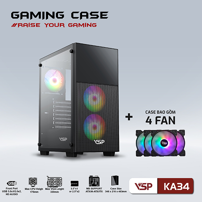 Case gaming KA34 + Kèm 4 fan