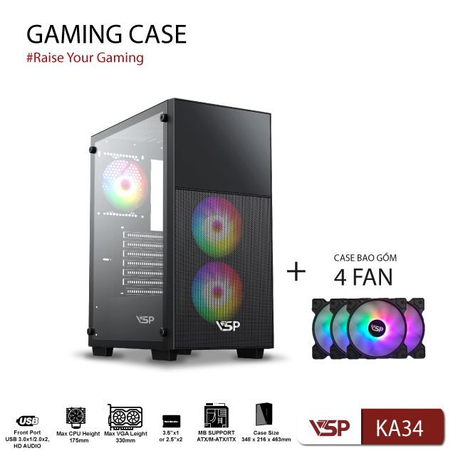 Vỏ Case Máy Tính Gaming KA34 + Kèm 3 fan