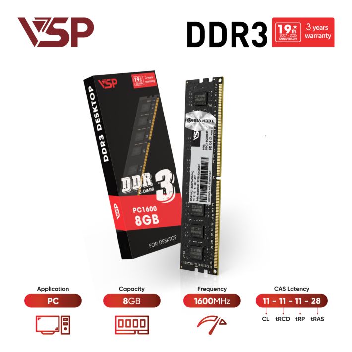 Bộ Nhớ Ram VSP 8GB DDR3 1600MHz (Mạch Đen / CL11 / 1.5V)