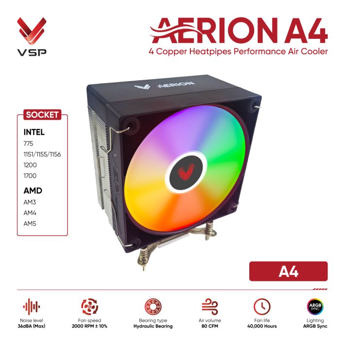 Tản Nhiệt Khí CPU VSP AERION A4 (4 Ống Đồng Φ6mm / Quạt 120mm / 2000 RPM / ARGB Sync / TDP 200W)
