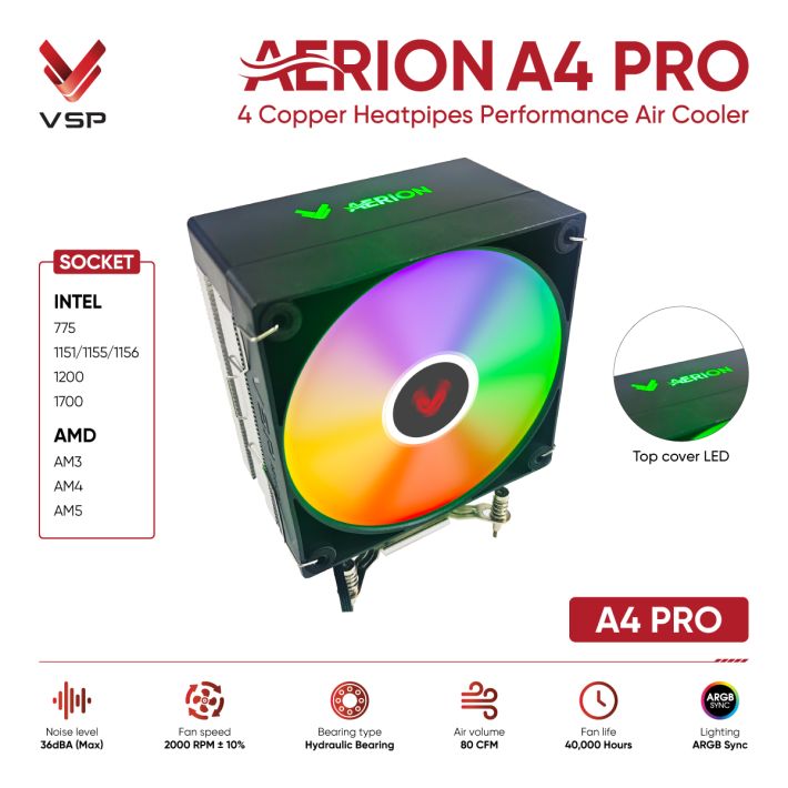 Tản Nhiệt Khí CPU VSP AERION A4 PRO (Top Cover LED / 4 Ống Đồng / Quạt 120mm / ARGB Sync / TDP 200W)