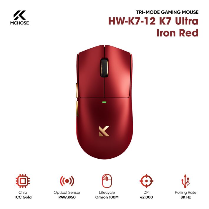 Chuột Gaming VSP HW-K7-12 K7 Ultra Iron Red (PAW3950 / 42,000 DPI / Wireless 8K / 59g / Đế Sạc Từ Tính)