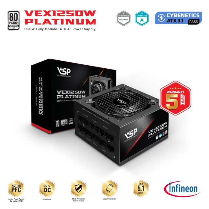 Nguồn Máy Tính VSP VEX1250W Platinum Đen (1250W / ATX 3.1 / PCIe 5.1 / Fully Modular)