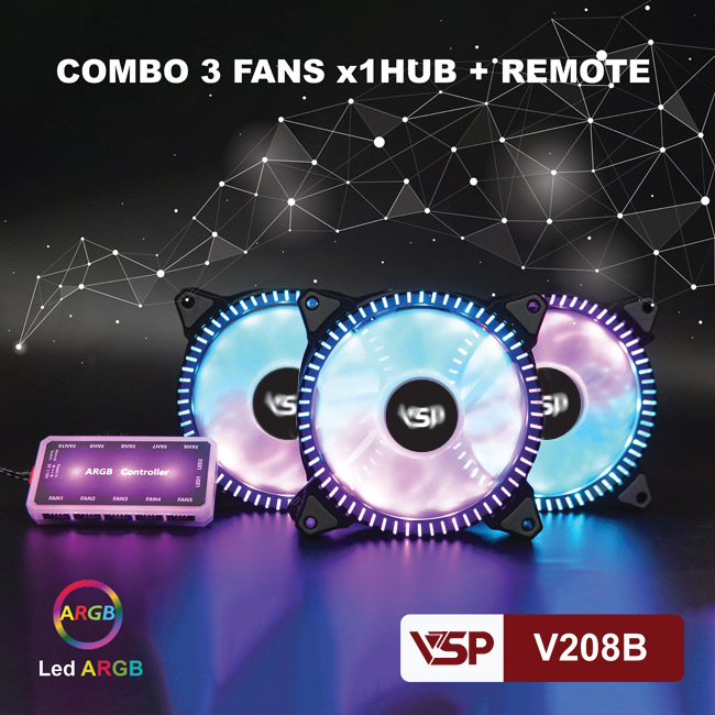 Fan case VSP Bộ 3 fan + hub Led ARGB V208B