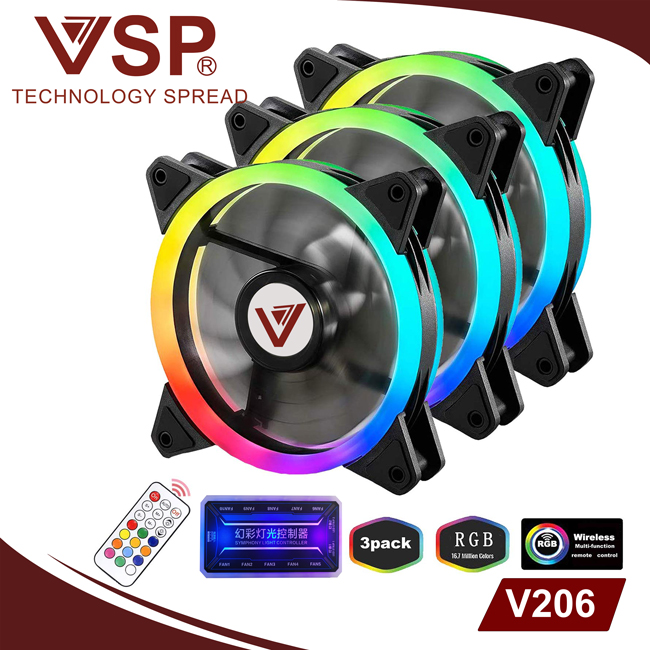 Combo bộ 3 Fan led RGB 2 mặt VSP V206 +Hub + Remote