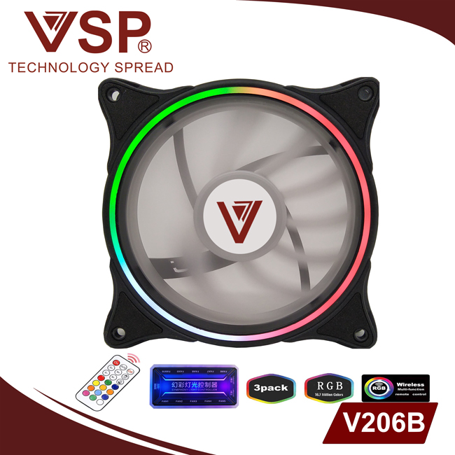 Combo bộ 3 Fan led RGB 2 mặt VSP V206B +Hub + Remote