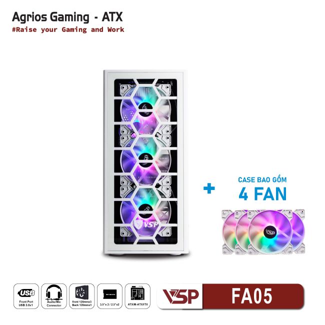 Vỏ Case Máy Tính VSP Gaming FA05 - Trắng + 4Fans Led
