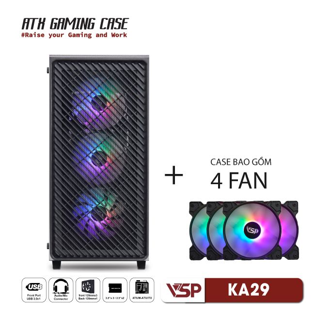 Vỏ Case Máy Tính VSP Gaming KA29 - Đen + 4fans Led