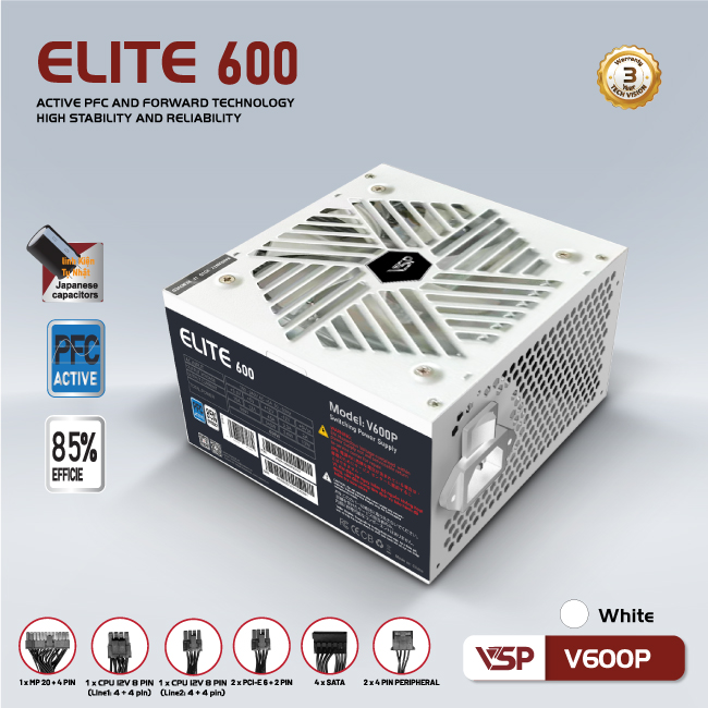 Bộ nguồn công suất thực VSP Elite Active PFC V600P - Trắng