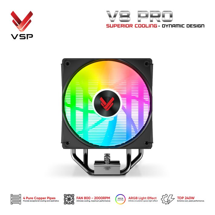 Tản Nhiệt Khí VSP V8 Pro black (LED Monitor / ARGB / 4 Pipes / 1 Fan / 240W)