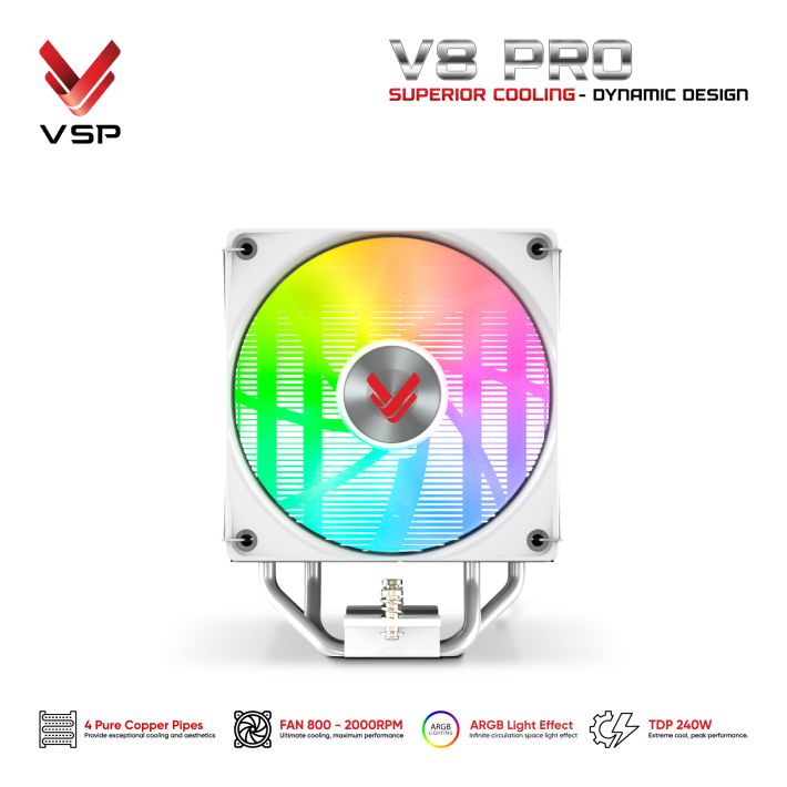 Tản Nhiệt Khí VSP V8 Pro White (LED Monitor / ARGB / 4 Pipes / 1 Fan / 240W)
