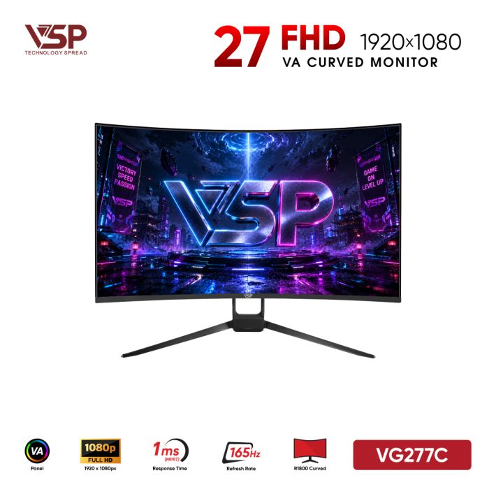 Màn Hình Cong Gaming VSP VG277C Đen (27inch / VA / FHD / 165Hz / 1ms / 100% sRGB / 92% DCI-P3 / Loa 3W)
